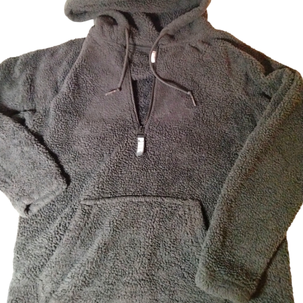 Victoria Secret Pink Quarter Zip Black Teddy Bear Hoodie Sweatshirt Size XS